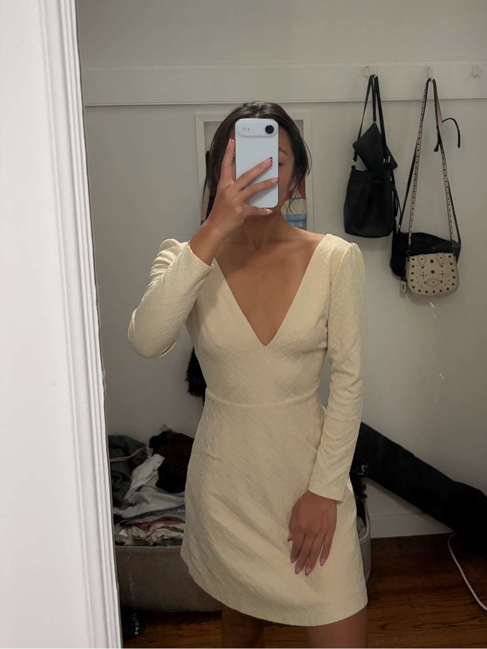 Cooperative Urban Outfitters Cream V-Neck Long Sleeve Mini Dress
